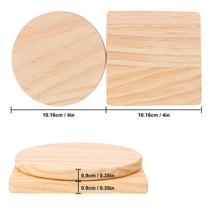 kukmakri 40 PCS Unfinished Blank Wooden Coasters - 4 Inch Square & 4 Inch Round Wood Coasters with Non-Slip Silicon Dots – Natural DIY Wood Slices for Engraving and DIY Painting (Thick 0.35 Inch)
