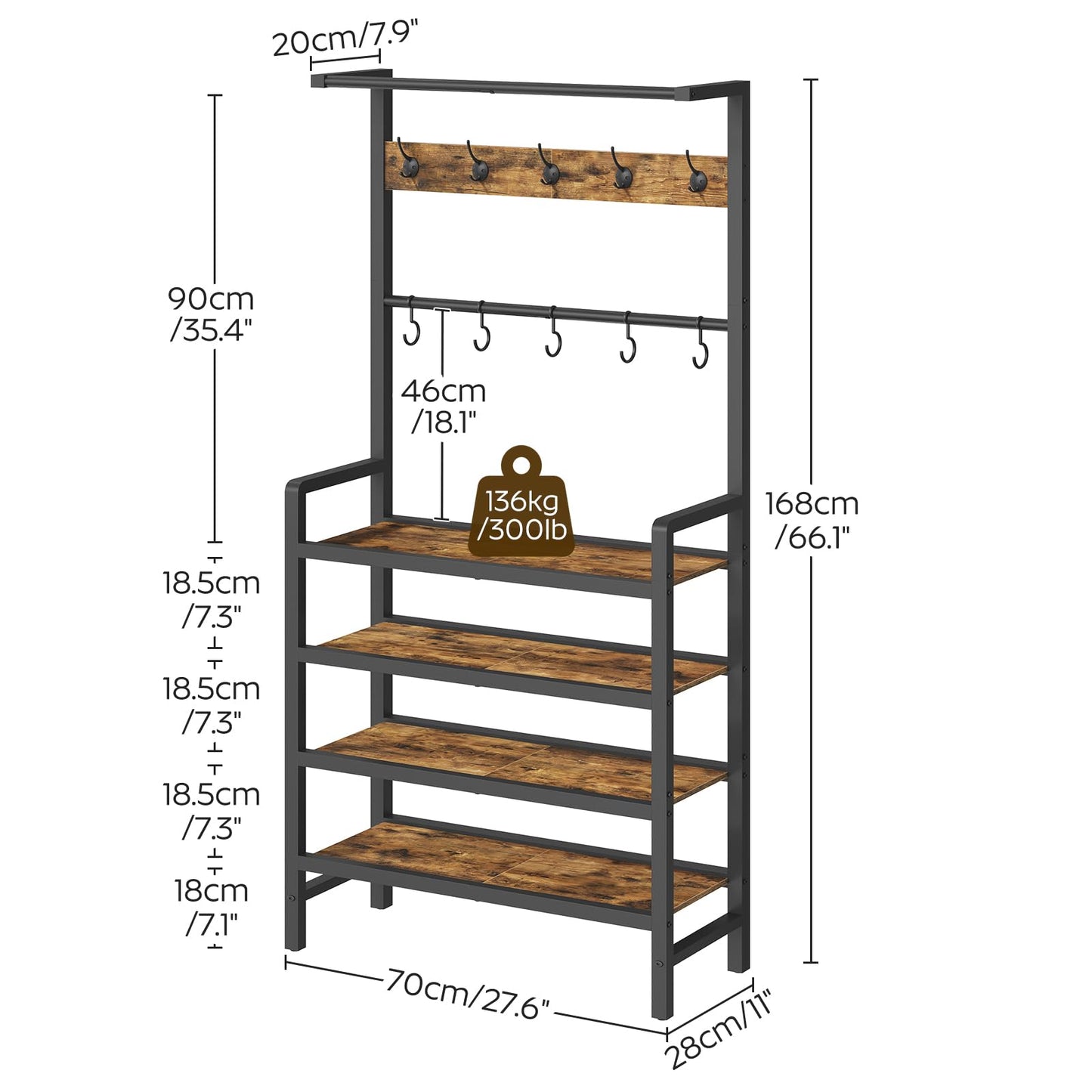 YATINEY Hall Tree, Coat and Shoe Rack, Entryway Coat Rack with 4-Tier Wooden Shoe Rack and 10 Hooks, Freestanding Hall Tree with Shoe Storage for Entryway, Hallway, Rustic Brown and Black MT09BR