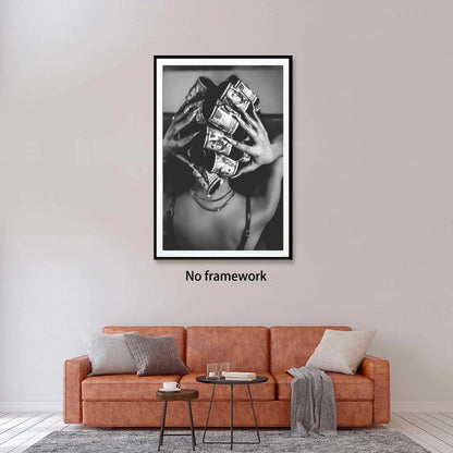 Trendy Black and White Wall Art Luxury Money Hair Rollers Black Woman Poster Retro Bold Feminine Fashion Hypebeast Print for Bedroom Dressing Living Room Dorm Decor 12x18inch Unframed
