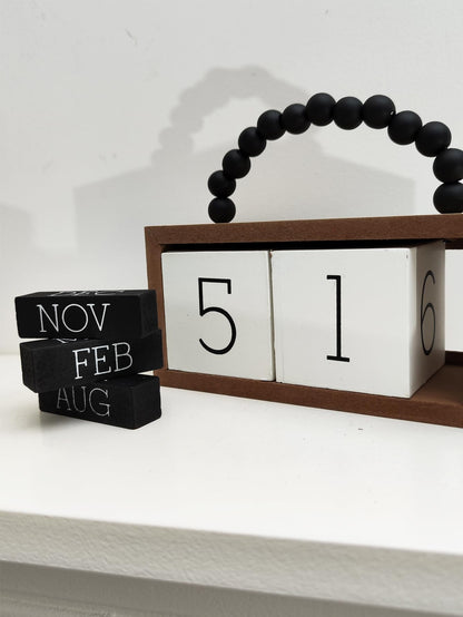 Wooden Perpetual Calendar for Desk, Metal Wood Month Date Display for Teachers, Students, Classroom, Rustic Farmhouse Office Decor, Desk Accessories (Black wood beads)