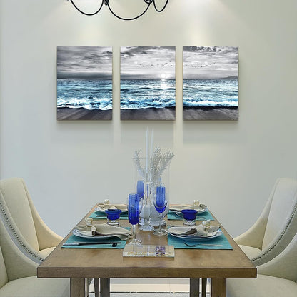DZRWUBHS Wall Decorations For 3 Piece Framed Canvas Art Bedroom Office Decor Black &White Painting Blue Ocean Sea Wave Pictures Artwork Modern Beach Posters Home Decor,Blue Ocean Landscape Paintings