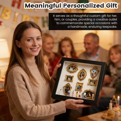 DIY Shadow Box Kit for Personalized Memories, Custom Memory Display with Mini Figurines and Gold Frames, Creative Home Decor Gift for Wedding Anniversary & Family Photos (Black,Without Lights)