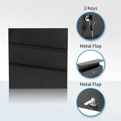 Wall-Mount Mailbox with Lock and Keys, Security Key Drop Box for House Outside, Locking Postbox, Steel Metal Rust-Proof Mail Box, 11.02 x 11.02 x 4.33 Inch, Black, MD002