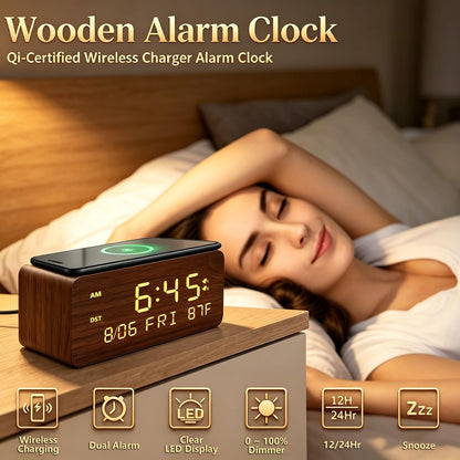 Andoolex Wooden Digital Alarm Clock with Wireless Charging, 0-100% Adjustable Brightness Dimmer and Alarm Volume, Weekday/Weekend Mode, Dual Alarm, Snooze, 12/24H, Wood LED Clock for Bedroom (Brown)
