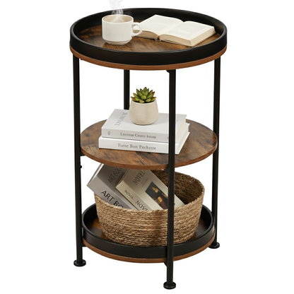 Dulcii Side Table, Round End Table with 3 Storage Shelves for Living Room, Bedroom, Nightstand with Steel Frame for Small Spaces, Industrial Round Sofa Table, Outdoor Accent Coffee Table, Rustic Brown
