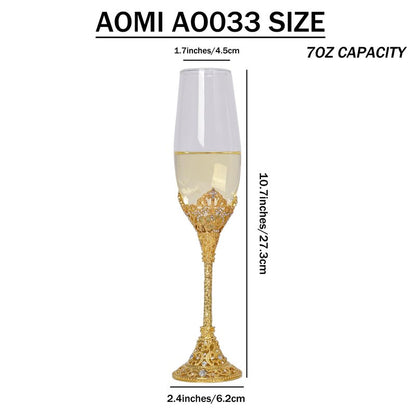 AOMI Wedding Champagne Flutes Toasting Glasses Luxurious Crystal- Gold 7oz Studded Champagne Glasses Set – Elegant Etched Flute Pair with Gift Box, Perfect for Weddings, Anniversaries & Celebrations
