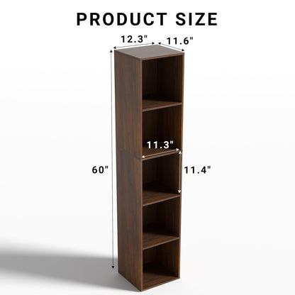 NewBeth 5 Cube Storage Organizer, Narrow Open Shelf Bookcase, Freestanding 5 Tier Low Display Bookshelf for Home Office, Living Room, Bedroom, Dark Brown & Black Walnut