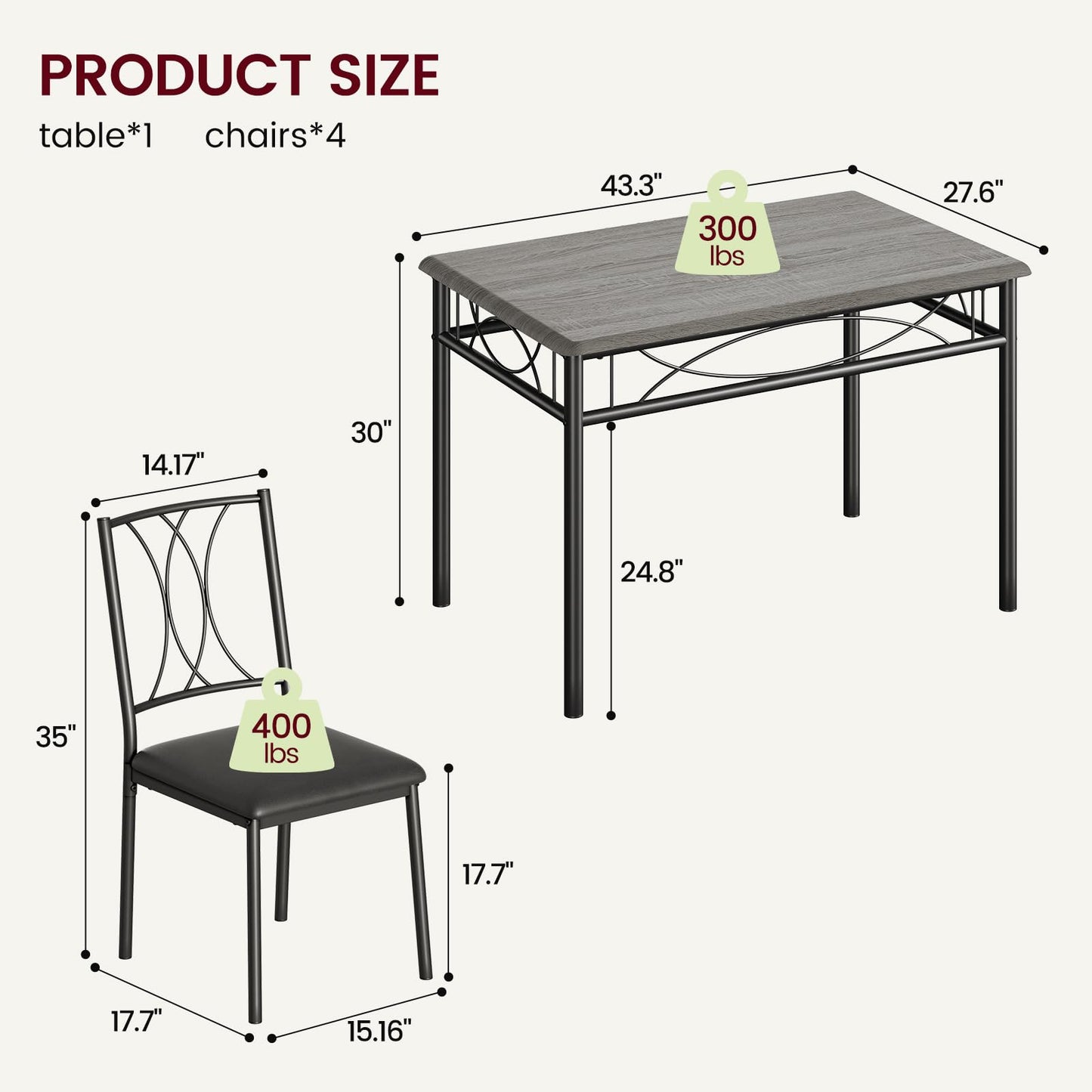 Garvee Small Dining Table Set for 4, Wooden Kitchen Table with 4 Upholstered Chairs, Space Saving Compact Dining Table with Corner Guard, Ideal for Kitchen, Dining Room, and Small Area, Gray