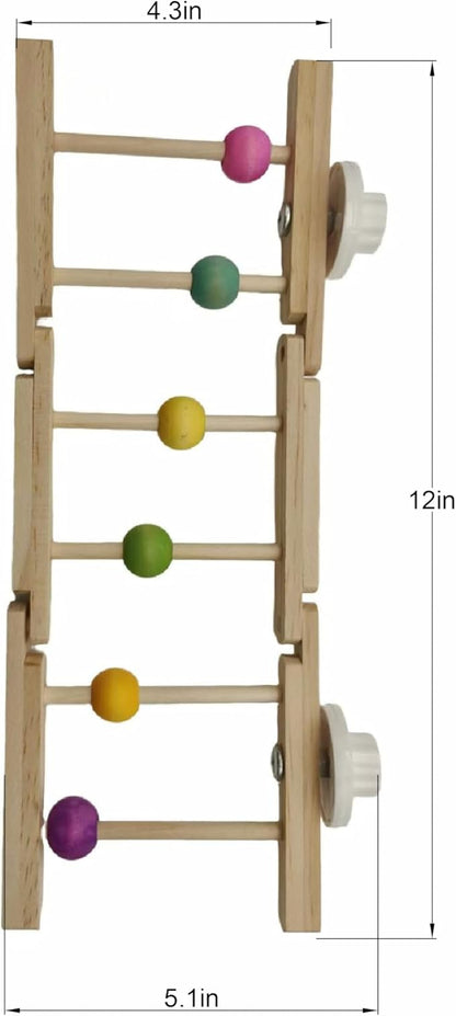 Wooden Bird Ladder Toy, 12 Inch Foldable Hardwood Parrot Climbing Bridge with Colorful Beads, 2 Pack Tri-Section Cage Accessories for Cockatiels, Conures, Lovebirds, 4 Inch Wide