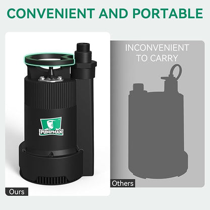 PUMPMAN 1/4HP Portable Water Pump, 2110GPH Submersible Utility Pump with 3/4” Garden Hose Check Valve Adapter Electric Sump Pump, 120V, Removal for Pool Draining Basement Hot Tubs Garden