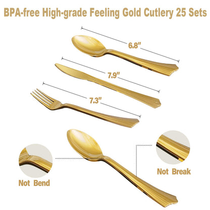 AIRE 175PCS White and Gold Paper Plates Party Supplies for 25 Guests Disposable Decorations Dinnerware Golden Dot Paper Plates Napkins Cups Gold Plastic Forks Knives Spoons for Mothers Day Birthday