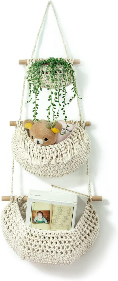 Hanging Fruit Basket, 3 Tier Over The Door Organizer, Handmade Woven Cotton