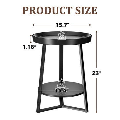 Gadroad Round End Table with Storage Shelf, 2 Tier Farmhouse Side Table Nightstand for Living Room, Bedroom, Wood Tabletop & Black Metal Frame, Black 15.7 * 15.7 * 23.0inches