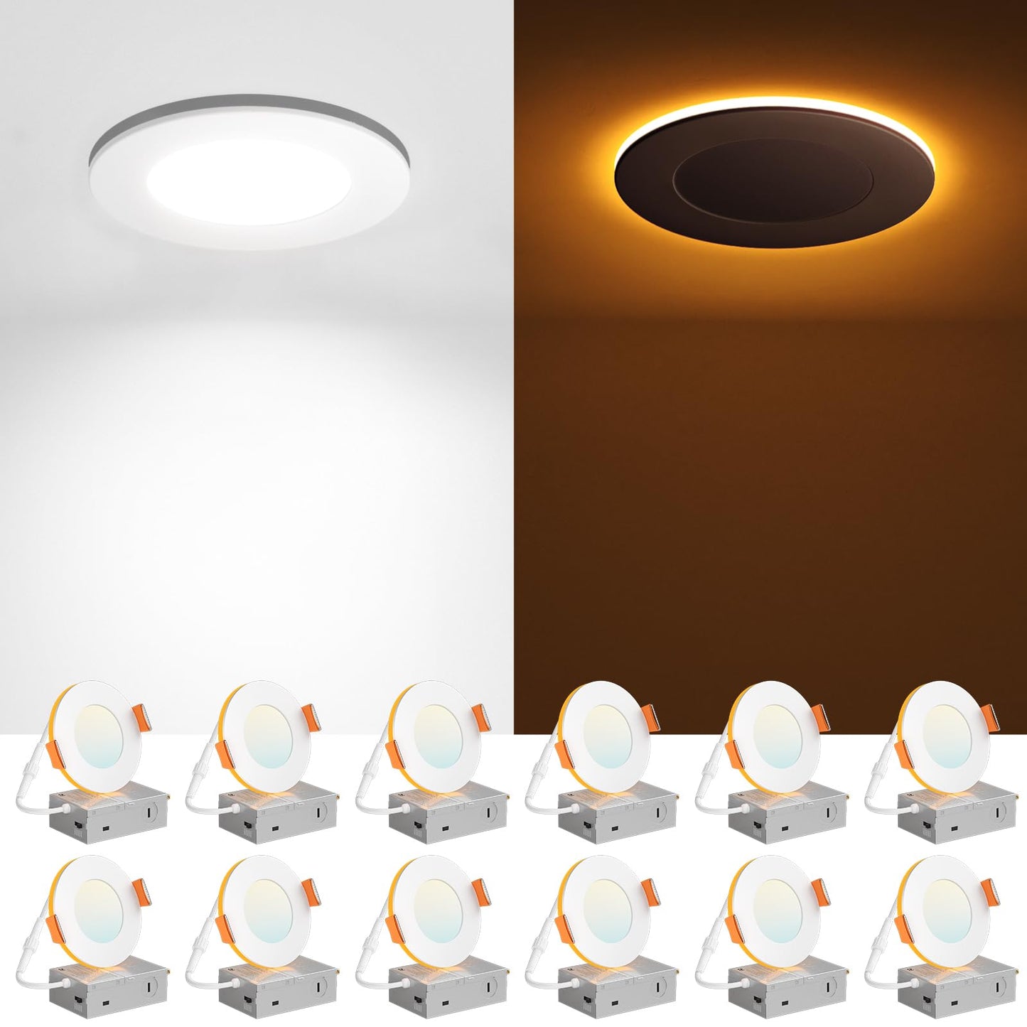 Amico 12 Pack 6 Inch 5CCT LED Recessed Ceiling Light with Night Light, 2700K/3000K/3500K/4000K/5000K Selectable Ultra-Thin Lighting, 12W=110W, 1100LM, Dimmable Canless Wafer Downlight ETL&FCC