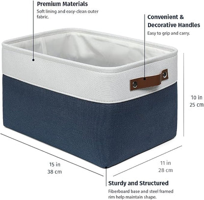OrganiHaus 15x11in Canvas Storage Baskets 3 Pack | LARGE Fabric Bins for Shelves | Closet & Bedroom Storage | Navy Blue/Off-White