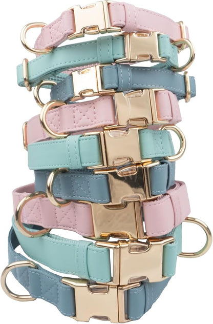 Multifunctional Reflective Leather Dog Collar and Leash Set 7FT, Easy to Clean Leather Leash Collar with Gold Metal Buckle(L, Grey Blue)