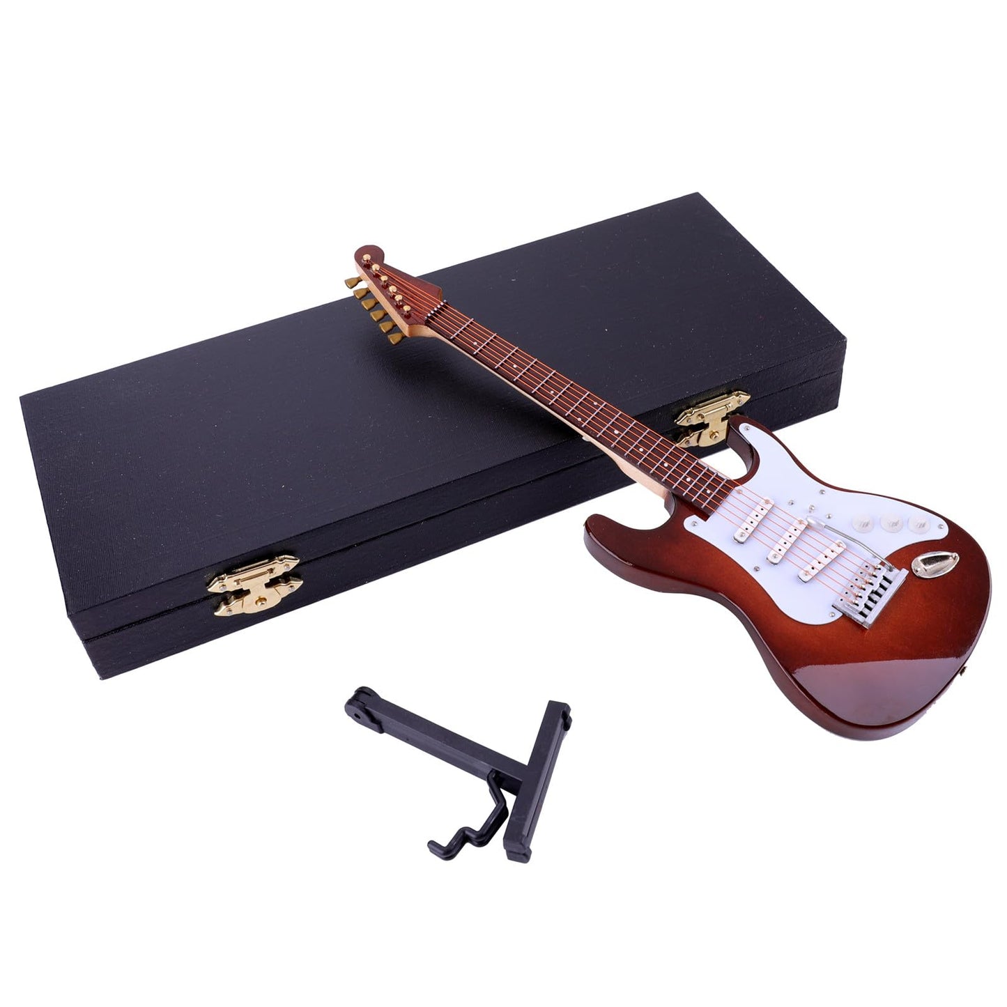 Dselvgvu Wooden Miniature Electric Guitar with Stand and Case Mini Musical Instrument Electric Guitar Replica Collectible Figurines Model Home Decoration Display Ornament (Brown, 9.45"x3.03"x0.63")