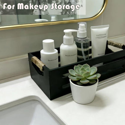 2Pack Wooden Bathroom Storage Crates with Rope Handles - Rustic Farmhouse Toilet Tank Topper Organizer Bin for Toilet Paper, Bathroom Decor, Kitchen Countertop & Home Organization (Black)