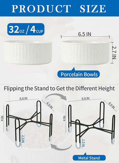 32 oz Ceramic Dog Cat Bowls with Elevated Metal Stand | 6.5 Inch Wide, 2 Heights, Round Pet Food and Water Feeder Bowl Dish, for Cats & Dogs, White & Grey