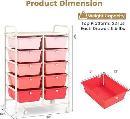 LDAILY 10 Drawer Rolling Cart, Storage Cart Organizer on Wheels, Drawer Cart with Metal Frame & Large Storage Capacity, Rolling Cart with Drawers for Living Room Classroom, Office