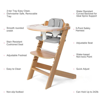 Cowiewie 3-in-1 Convertible Natural Wooden High Chair for Babies & Toddlers 3-Tier Remove & 2 Adjustable Wood Tray & 8 Levels Adjustable, 2 Waterproof Cozy Cushions Grey