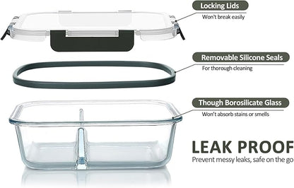 M MCIRCO [5-Pack,36 Oz] Glass Meal Prep Containers 2 Compartments Portion Control with Upgraded Snap Locking Lids Glass Food Storage Containers, Microwave, Oven, Freezer and Dishwasher (4.5 Cups)