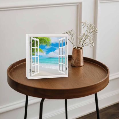 Blue Sky Beach Wood Box Sign Desk Decor, Coconut Trees Island Windows View Decorative Wooden Block Box Sign Decorations for Home Office Shelf Table Decor 6x6 Inches