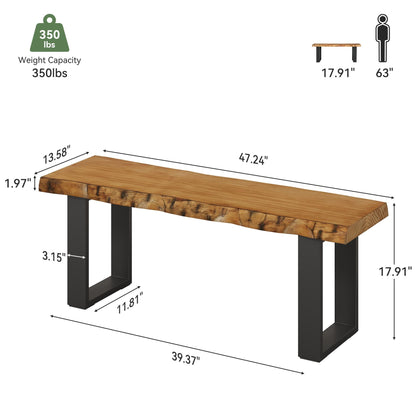 TRIBEWOOD Solid Wood Dining Bench, 47'' Industrial Entryway Bench with Black Metal Legs, Narrow Long End of Bed Bench for Bedroom, Kitchen, Living Room, Hallway, Easy Assembly