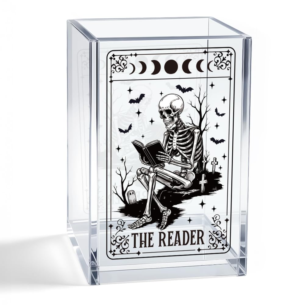 Mhfpl The Reader Acrylic Cosmetic Pencil Pen Holder Cup, Funny Bookworm Skeleton Theme Gifts for Bookworm Book Lover Reader Book Club Member College Student, Thank You Gifts for Librarian Teacher