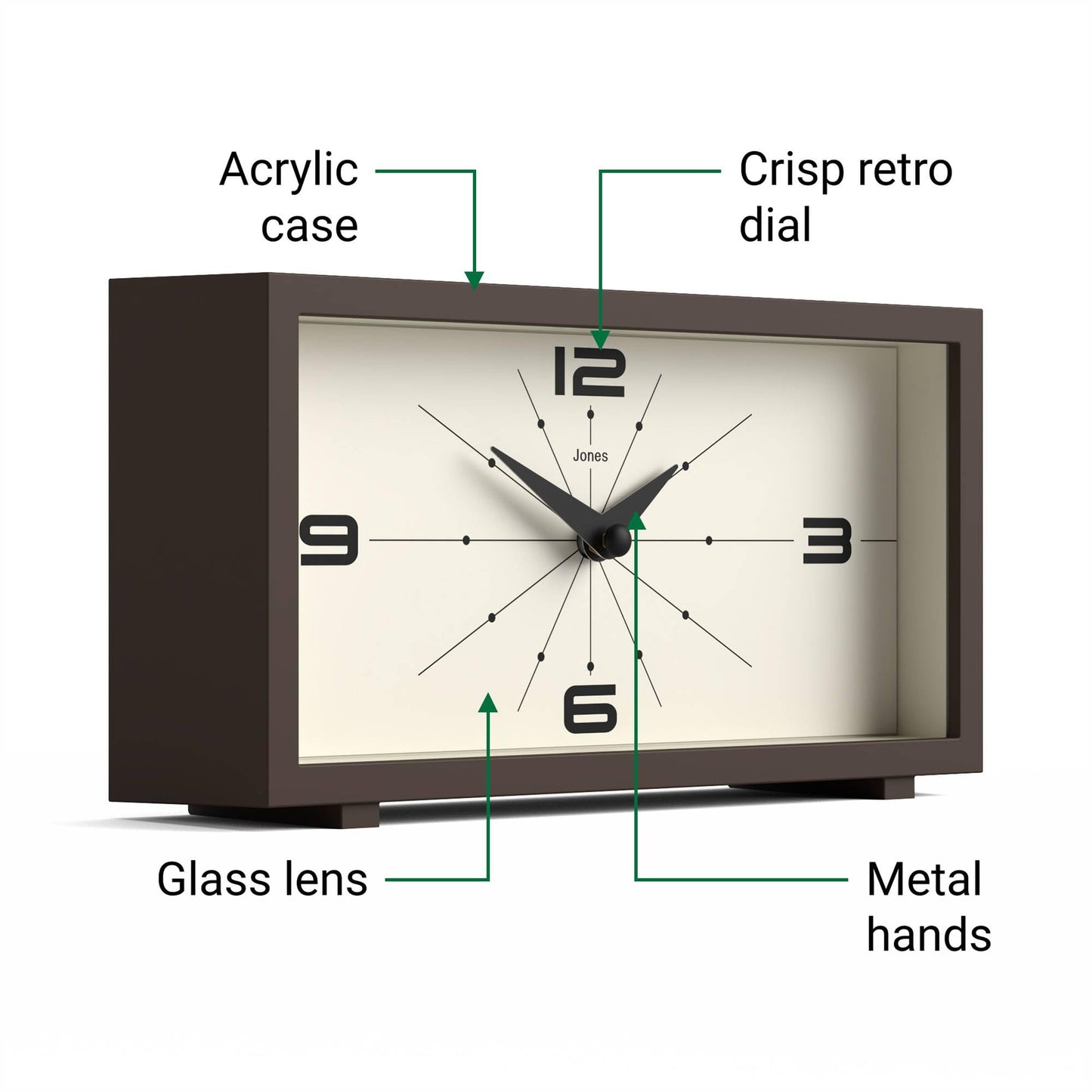 JONES CLOCKS® 'Odeon' Desk Clock | Modern Rectangular Design in Brown, Stylish Retro Look for Shelf, Table, Mantel or Bedside