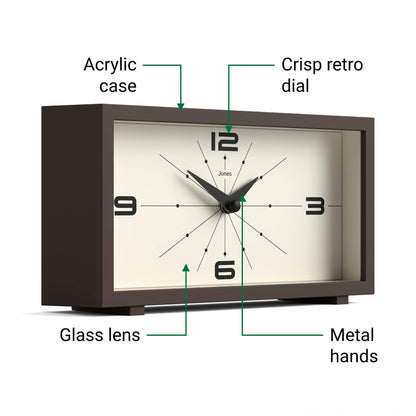 JONES CLOCKS® 'Odeon' Desk Clock | Modern Rectangular Design in Brown, Stylish Retro Look for Shelf, Table, Mantel or Bedside
