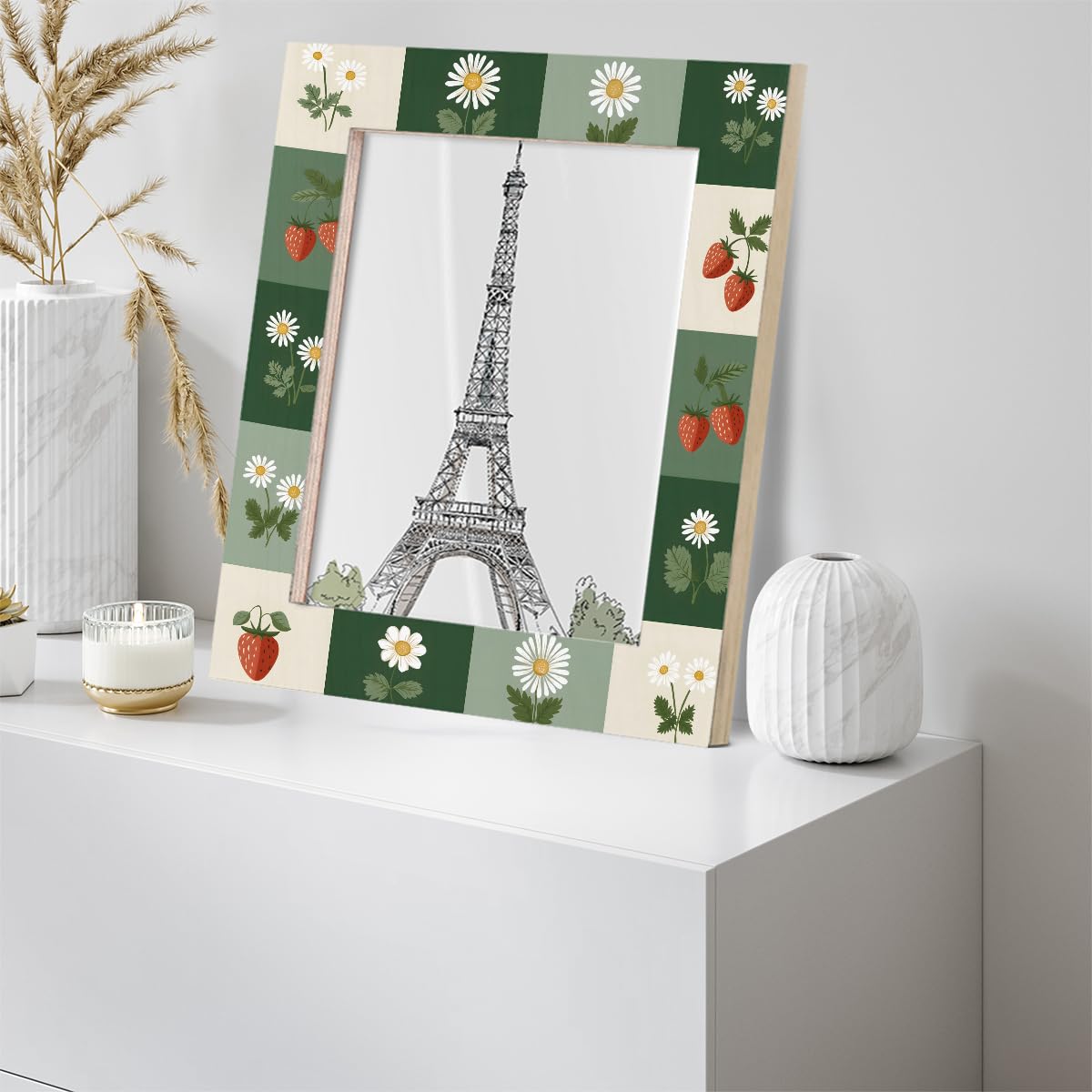 cfpolar 8x10 Picture Frame, Flower Fruit Strawberry Wooden Photo Frame Fits 5x7 with Mat or 8x10 without Mat Photo, Display Photos for Wall or Tabletop Desk Home Gallery Living Room