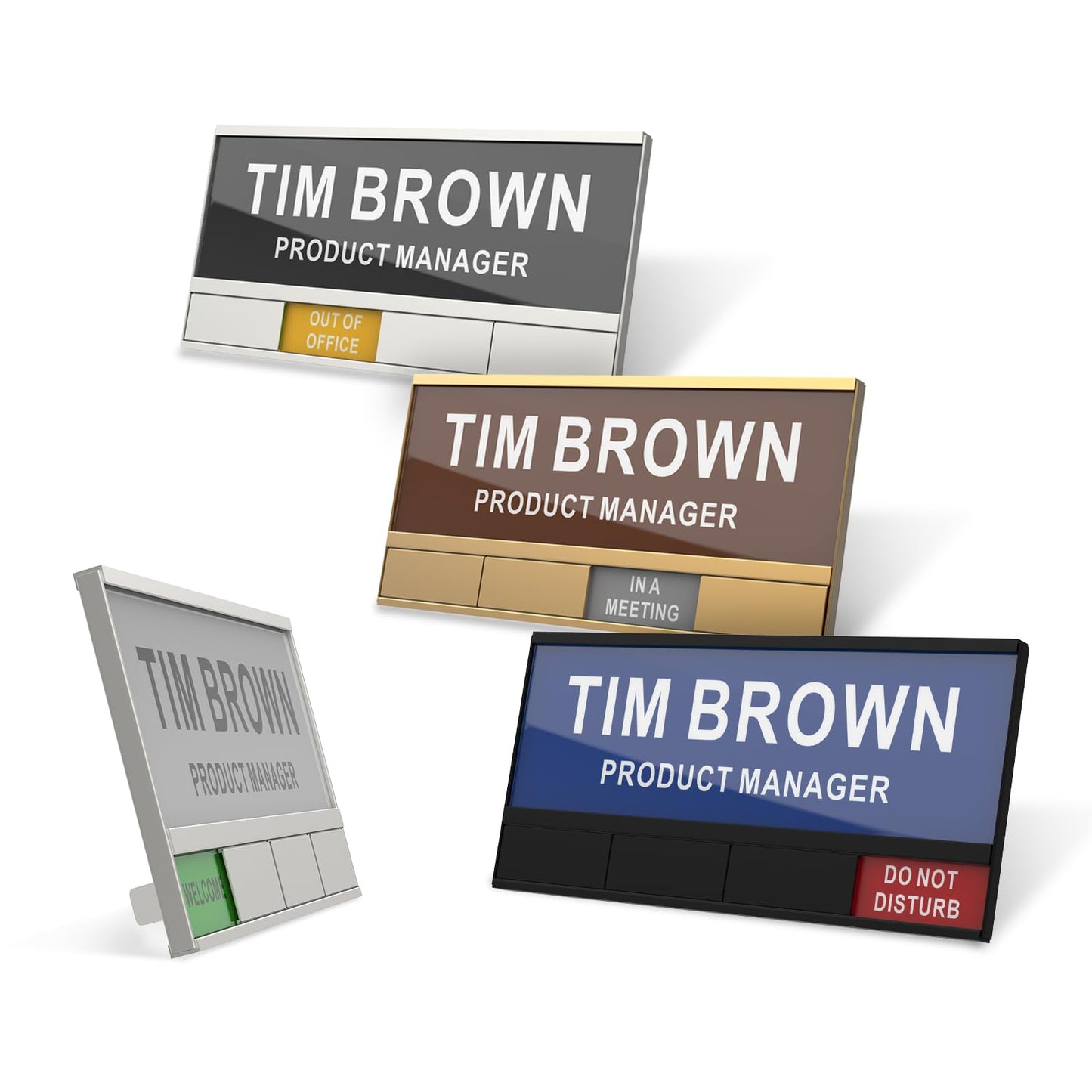 2-IN-1 Aluminum Name Plate For Desk/Doors/Cubicle Wall, With 4 Status Options, Combination Of Office Door Signs And Name Plate, Free To DIY The Printing Content (Silver)