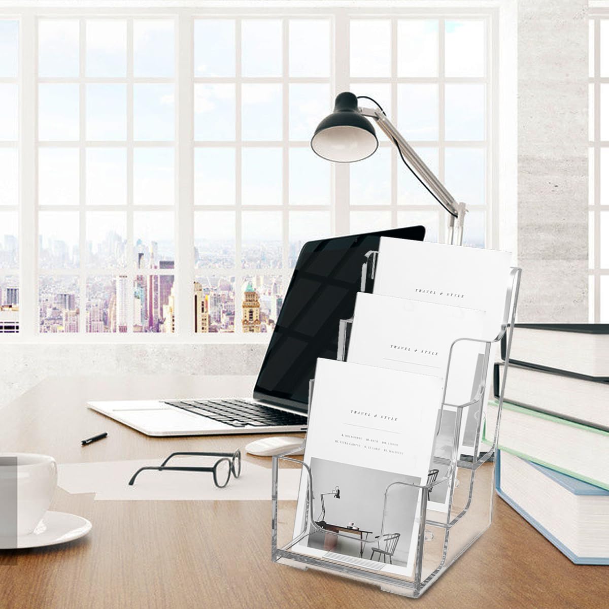 Voittozege 2 Pcs Acrylic Brochure Holder, 3 Tier 4-Inch Wide Clear Literature Holder, Clear Flyer Holder Pamphlet Display Stand Literature Booklet Holder for Wall and Counter Desktop Stand