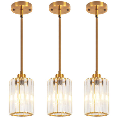 3 Pack Brushed Gold Pendant Lights Kitchen Island, Modern Crystal Kitchen Pendant Lighting Over Island Dining Room Light Fixtures Adjustable Hanging Pendant Light for Bathroom Hallway Foyer Bedroom