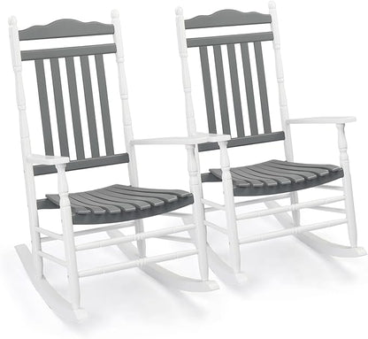 VINGLI Wooden Rocking Chair, Outdoor Chair with 450 lbs Support, Relaxing Rocker with Solid Wood High Back Seat Reclining Seat for Deck, Garden, Backyard, Porch (White & Grey, 2PCS)