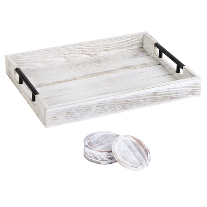 Wooden Serving Ottoman Tray With 4 Coasters, Breakfast Tray With Handles, Home Decor for Living Room, Coffee Table