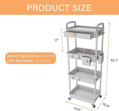 4 Tier Rolling Utility Cart with Drawer,REBECAT Utility Cart Made of Multifunctional Storage Organizer Tool for Kitchen,Bathroom,Living Room,Office(Gray)