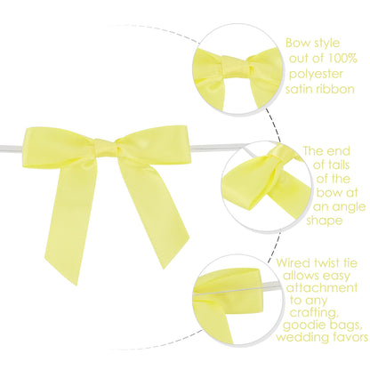 AIMUDI Yellow Bows 2.5" Satin Bows with Twist Tie Premade Craft Bows for Treat Bags Cake Pop Gift Wrapping Basket Wedding Favors Cookie Candy Bagging Baby Shower - 50 Counts