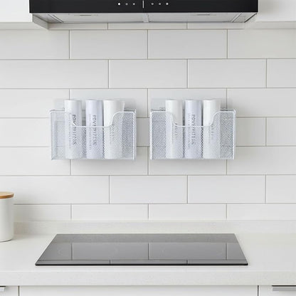2 Pack Aluminum Foil Organizer, Kitchen Wrap Organizer for Plastic Wrap, Foil, Wax Paper and Food Storage Bags, Wall Mounted Iron Wire Rack for Cabinet Door, Pantry and Kitchen Storage