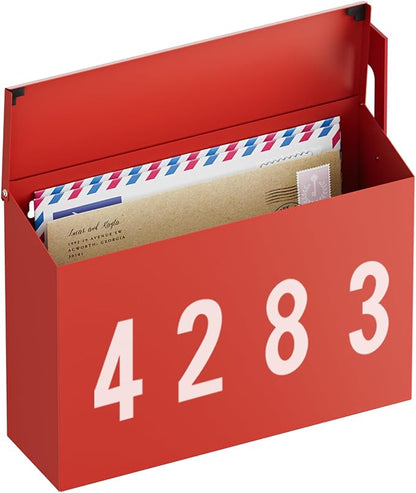 LAND·VOI Wall-Mount Mailbox with One Flag Kit and Three Sets of 0-9 Mailbox Number Stickers, Mailboxes for Outside, Galvanized Steel Rust-Proof Metal Post Box, 4.33" Dx14.2 Wx10.43 H, Red