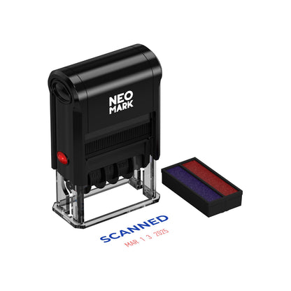 NEO MARK Self-Inking Date Office Stamp with Scanned Blue Ink & Date Red Ink, 12-Year Adjustable Rubber Dater, Ideal for Documents, Business & Accounting - with an Extra Refill Ink Pad
