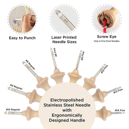 The Oxford Punch Needle Complete Set - 8 Sizes | Ergonomically Designed Natural Wood Handle | Electropolished Steel Tip | Ideal for Punch Needle Rug Hooking