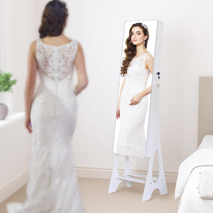 MASMIRE Mirror Jewelry Cabinet Standing, Full Length Mirror Jewelry Armoire Jewelry Organizer Lockable Jewelry Storage for Women Girl Full-Length Frameless LED Lights 6 Drawers Lockable White