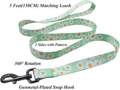 Dog Collar Leash Set, Floral Pattern, Polyester Material, Adjustable Collar and 5ft Matchcing Leash, for Puppy Dogs.(XS, Light Green Daisy)