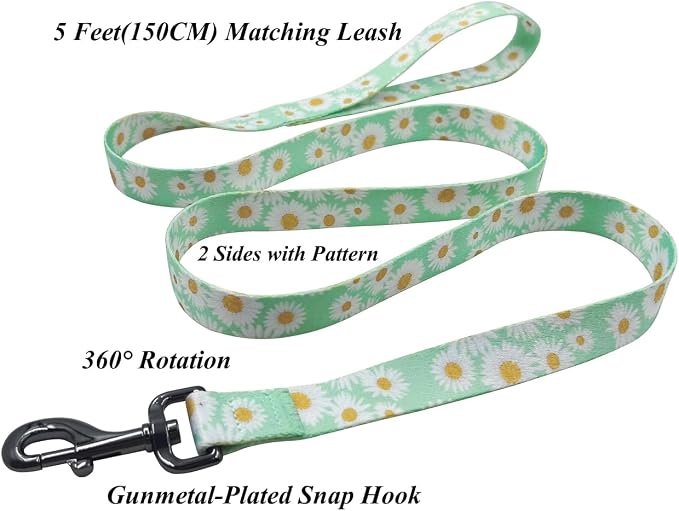 Dog Collar Leash Set, Floral Pattern, Polyester Material, Adjustable Collar and 5ft Matchcing Leash, for Large Dogs.(L, Light Green Daisy)