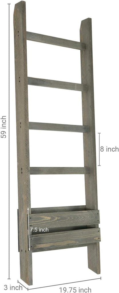 MyGift Blanket Ladder with Storage Shelf, Wooden Blanket Holder Rack, Decorative Ladder Shelf, Drying and Display Rack for Bathroom, Living Room, Gray