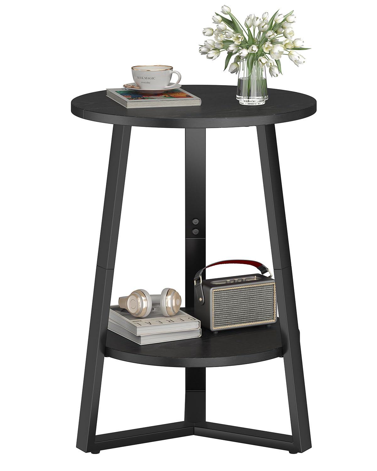 sthmec Small Round End Table, 2 Tier Side Table with Storage Shlef,Coffee Table Wooden Tabletop & Metal Frame,Round Accent Table Small Nightstands Couch Tables for Bedroom,Livingroom, Black