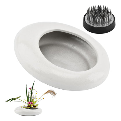 Flower Frog Vase Kit, Japanese Ikebana Flower Arrangement with 1.57 Inch Kenzan Ceramic White Pebble Shaped Bowl, 2-in-1 Flowers Arrangement Kenzan Needle Straightening Tool(Color:White)