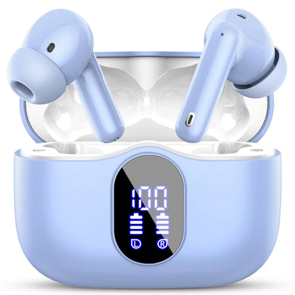 Wireless Earbuds, Bluetooth 5.4 Headphones Bass Stereo, Ear Buds with Noise Cancelling Mic, LED Display in Ear Earphones Clear Calls, IP7 Waterproof Bluetooth Earbuds for Laptop/Phones, Pale Blue